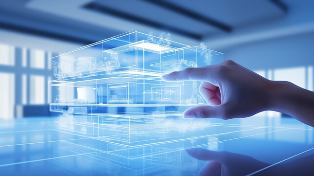 Die Hand eines Architekten erstellt einen 3D-Entwurf eines Hauses in einer virtuellen Umgebung. Futuristisches Hologramm. Visualisierung eines Hauses