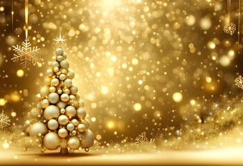 Fototapeta na wymiar Gold sparkling christmas background with big and luxurious Christmas tree and snowflakes
