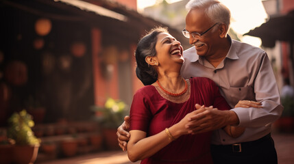 senior indian couple dancing with joy in light moment
