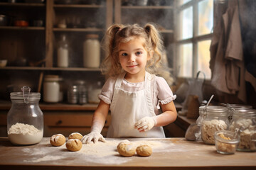 A little girl making bakery in the kitchen