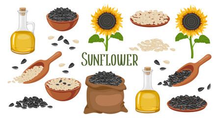 Sunflower set. Sunflower oil, sunflower plant, seeds in a canvas bag, wooden spoon and bowl. Agriculture, food. Vector - obrazy, fototapety, plakaty