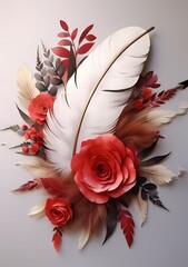 red rose and white feather isolated. floral background with feather watercolor painting of a flower with feathers and an arrow. for wedding stationary, greetings, textile, Illustrations.