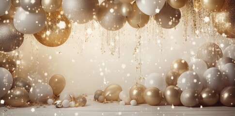 Happy birthday. Balloons, foil balloons, birthday balloons, glitter confetti, elements. Party design in white and gold. Bright background for product presentation and text.
