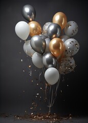 Happy birthday. Balloons, foil balloons, birthday balloons, glitter confetti, elements. Party design in white, gold and silver. Dark background for product presentation and text.