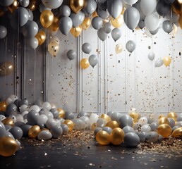 Happy birthday. Balloons, foil balloons, birthday balloons, glitter confetti, elements. Party design in white, gold and silver. White historical background for product presentation and text.