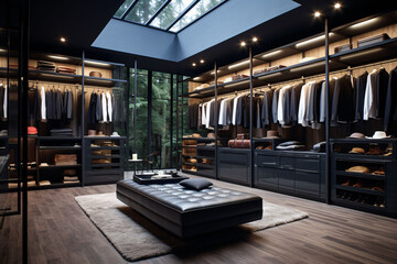 Interior design of walk-in closet, modern and stylish with black theme