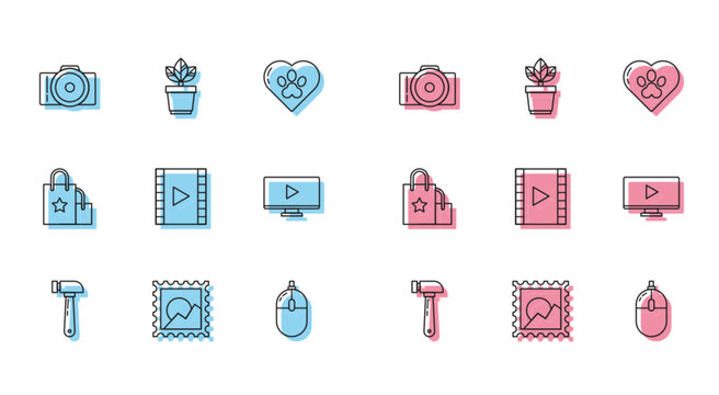 Set line Hammer, Picture landscape, Photo camera, Computer mouse, Play Video, Online play video, Paper shopping bag and Flowers pot icon. Vector
