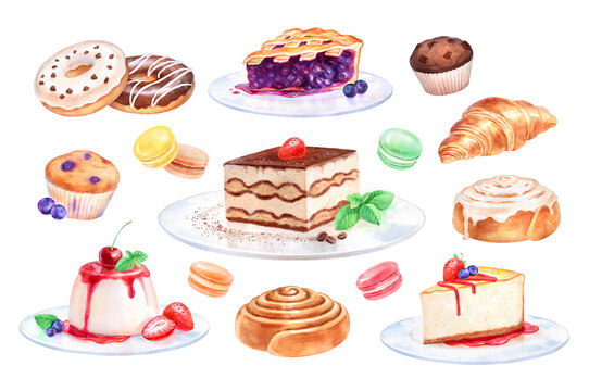 Hand painted watercolor illustration set of Desserts and bakery