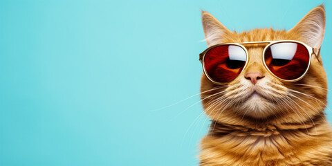Closeup portrait of funny ginger cat wearing sunglasses isolated on light cyan. background with copyspace