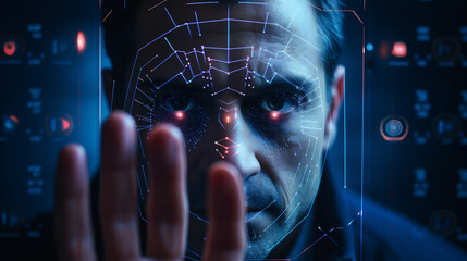 Close up of man with futuristic face recognition concept.  - obrazy, fototapety, plakaty