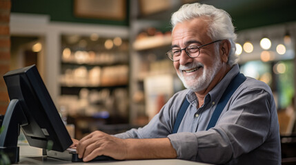 Portrait of senior man using computer in coffee shop. Cheerful mature man working on computer at cafe. - Powered by Adobe