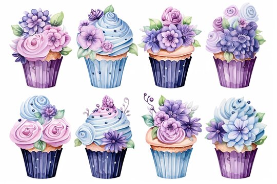 watercolor decorative set of bright blue and purple cupcakes with flowers on white background