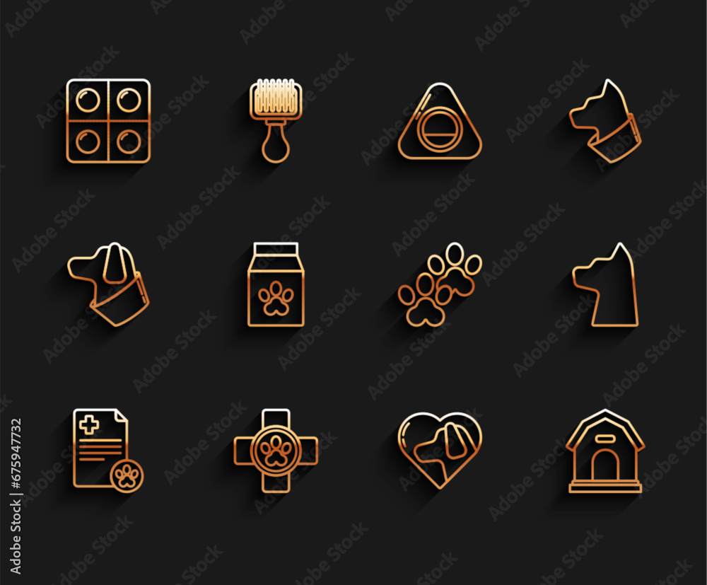 Poster Set line Clipboard with medical clinical record pet, Veterinary symbol, Dog and pills, Heart dog, house, Bag of food for, Cat and Paw print icon. Vector