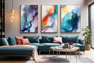 Design of a bright modern living room with a bright abstract painting on the wall