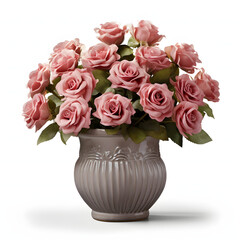 bouquet of pink roses on grey ceramic pot 