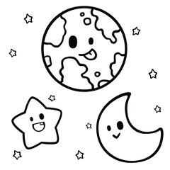 Space Planets Stars in the Sky. Educational vector cartoon character arts for kids and children. Simple outline line arts designs