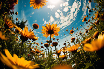 Ant eye view of yellow flower in the flower field, with the background of clear blue sky in a sunny day