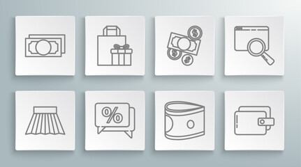 Set line Skirt, Gift box, Discount percent tag, Stacks paper money cash, Wallet, Money and coin, Search browser window and icon. Vector