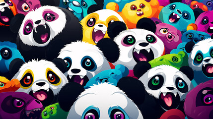 Panda Carnival with a Vibrant Collection of Multiple Cute Panda Faces, Adding Colorful Charm to Playful Designs.