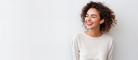 A woman with braces stands against a white wall smiling happily as people in the background admire her fashion sense and appreciate her beauty in a space isolated for medical health - Powered by Adobe