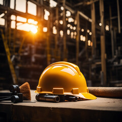 Safety helmet and in the background of a construction site 