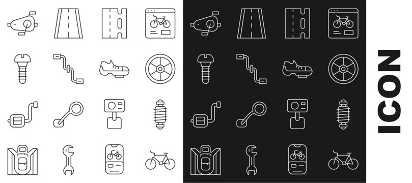 Set line Bicycle, suspension, wheel, lane, pedals, Metallic screw, and shoes icon. Vector