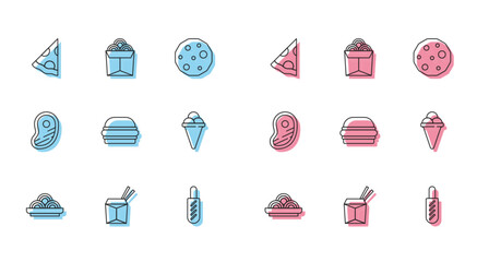 Set line Asian noodles in bowl, and chopsticks, Slice of pizza, Hotdog sandwich, Burger, Ice cream waffle cone, Steak meat and Noodles box icon. Vector
