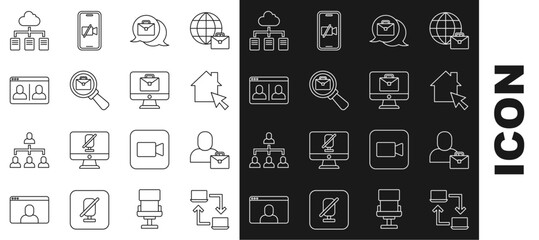 Set line Online working, Freelancer, Magnifying glass with briefcase, Video chat conference, and icon. Vector