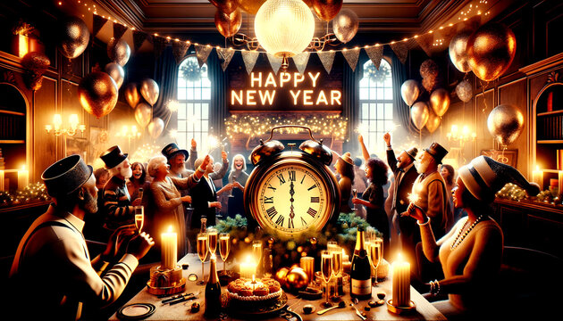 Happy New Year Celebration with Friends and Family Gathering Around a Table with a Clock, with a Sparkling Bottle and Glasses of Champagne, Created With Generative AI Technology