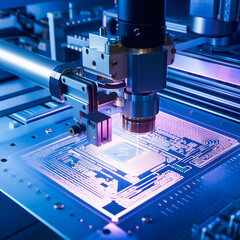 Hi tech micro chip manufacturing machine using laser light.  - obrazy, fototapety, plakaty