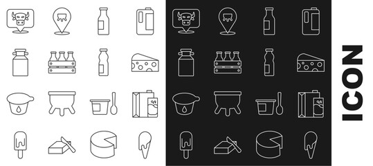 Set line Ice cream in waffle cone, Paper package for milk, Cheese, Bottle with, Bottled wooden box, Can container, Cow head and Drinking yogurt bottle icon. Vector