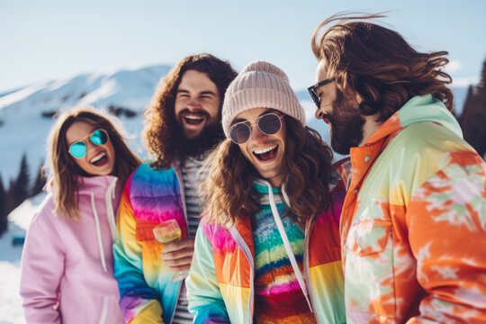 Friends enjoying spending time outside on snowy mountain.