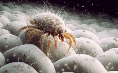 Enlarged image of dust mites on a mattress Causes of allergies and asthma Dermatophagoides pteronyssinus and Dermatophagoides farinae