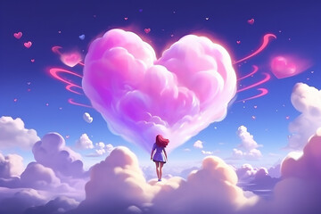 Obraz premium Valentine day, Shaped cloud of heart in the blue sky, fantastic hearth of cloud in the neon color style, Love concept