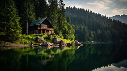 Fototapeta na wymiar A lonely house on the shore of a lake in the forest