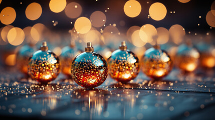 Fototapeta na wymiar Goldene Weihnachtskugel mit glitzernden Akzenten vor einem unscharfen Hintergrund aus leuchtenden Lichtern, festliche Atmosphäre