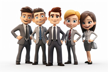 3D cartoon businesspeople team stands in front of a white background, dressed in professional...