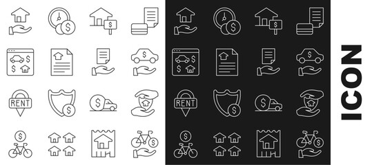 Set line Bicycle rental mobile app, House with shield, Car, dollar, contract, Online real estate, Realtor and icon. Vector