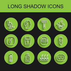 Set line Classic Barber shop pole, Bottle of shampoo, Barbershop chair, Human follicle, Mustache and beard, Electric razor blade, and Gel wax for styling icon. Vector