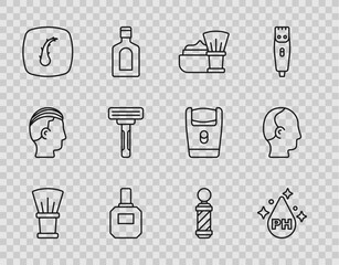 Set line Shaving brush, Oil for hair care treatment, with foam, Aftershave, Human follicle, razor, Classic Barber shop pole and Baldness icon. Vector