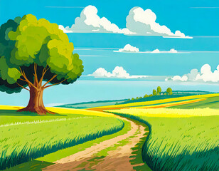A rural german panorama landscape in summer, illustration