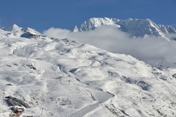 Skiing slopes, snowy Alpine landscape
