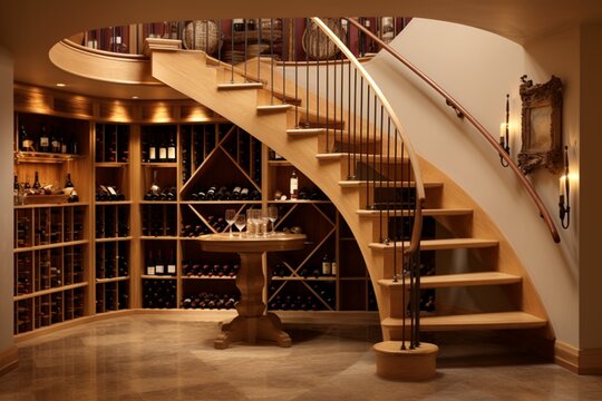 create a room with a staircase leading to a wine testin