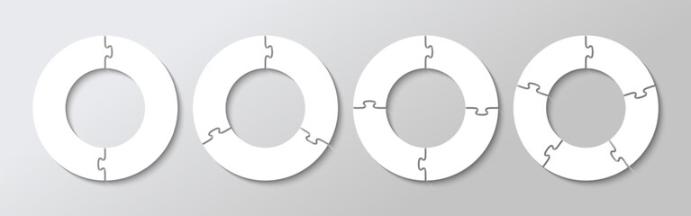 Set of ring puzzle grids in a row. Business presentation template. Cutting templates set with 2, 3, 4, 5 pieces. Simple mosaic background. Jigsaw details with details. Vector illustration