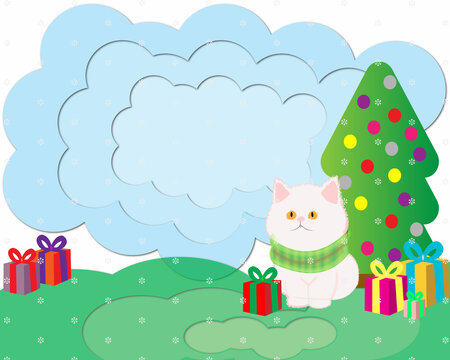 white cat with a light green scarf sitting next to a Christmas tree decorated with colored balls and gift boxes. There are snowflakes falling.