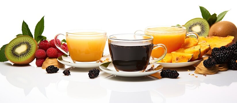 In the isolated white background of nature indulge in the health benefits of tropical fruits black tea and coffee from Thailand and China for a healthy and fulfilling experience