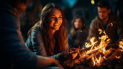 Chilly Night Warmth: Friends Enjoying Bonfire and Roasting Marshmallows in Winter Setting. Generative AI.
