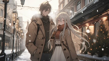 Obraz na płótnie Canvas Cute Anime manga style LOFI Girl, cozy winter background illustration design