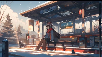 Fototapeta premium Cute Anime manga style LOFI Girl, cozy winter background illustration design