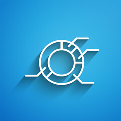 White line Pie chart infographic icon isolated on blue background. Diagram chart sign. Long shadow. Vector